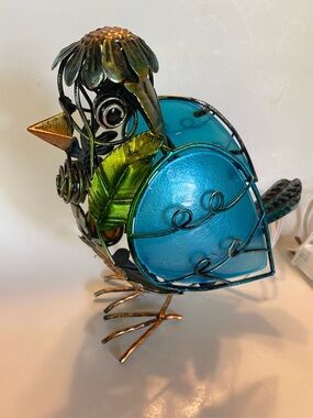 Boho Metal Bird Sculpture Lamp Blue Frosted Glass Copper Flower Head 9” w/Bulb